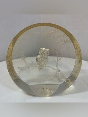 Vintage Round Acrylic Carved Owl Art Paper Weight.           3135